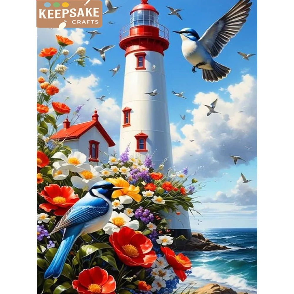 Home Decoration Craft Kit – 2025 Sea Landscape Diamond Painting with Lighthouse and Floral Embroidery