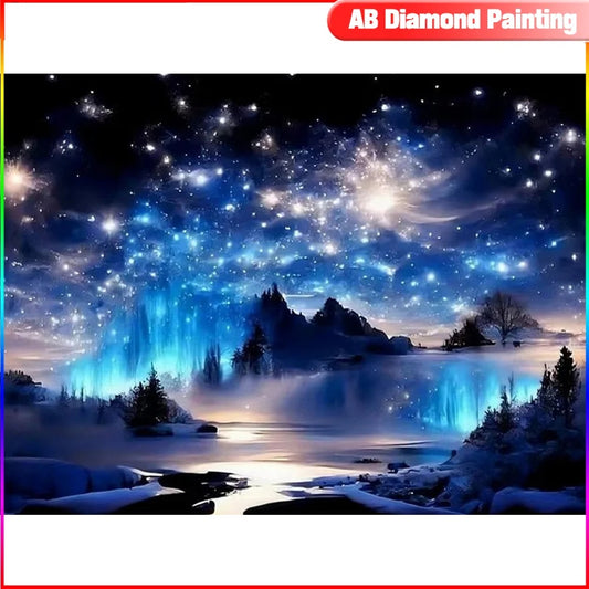 5D DIY Diamond Painting – Aurora Landscape with AB Drills, Starry Sky Mosaic Art for Decoration