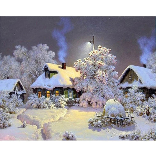 Winter Snow Landscape Paint by Numbers – DIY Oil Painting Kit with House Scene on Canvas